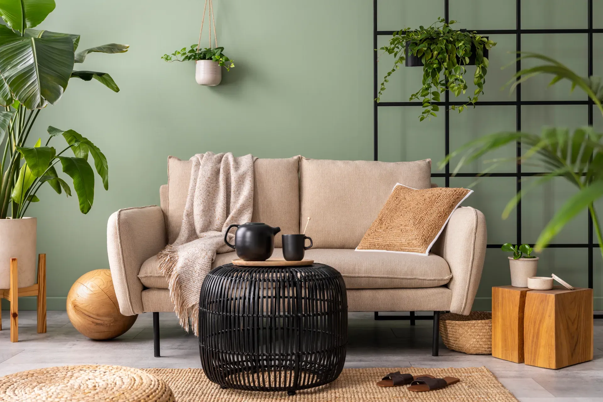 Wohnzimmer mit Sofa, Pflanzen und ruhigen Naturtönen